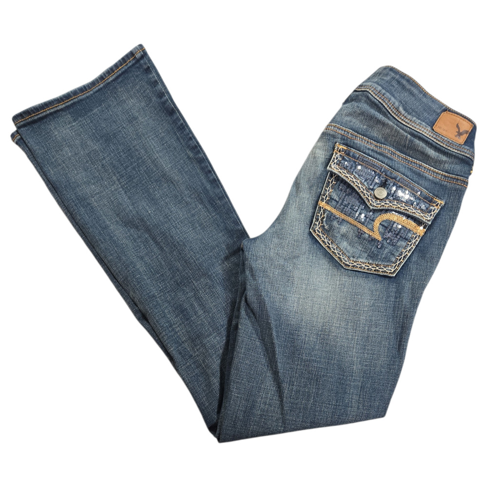American Eagle Wom 6 Kick Boot Super Stretch Medium Wash Sequin Pocket Jeans NWT